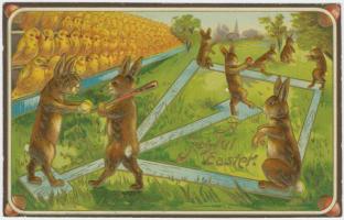 vintage-bizarre-Easter-Greetings-rabbits-playing-baseball-with-Easter-eggs-audience-chicks